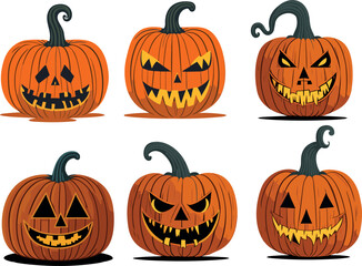 Halloween pumpkins, funny faces, scary faces, angry faces, smiling faces. Autumn holidays. Vector illustration