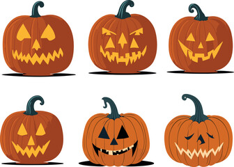 Halloween pumpkins, funny faces, scary faces, angry faces, smiling faces. Autumn holidays. Vector illustration