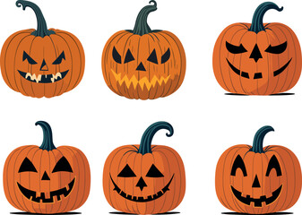Halloween pumpkins, funny faces, scary faces, angry faces, smiling faces. Autumn holidays. Vector illustration