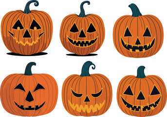 Halloween pumpkins, funny faces, scary faces, angry faces, smiling faces. Autumn holidays. Vector illustration