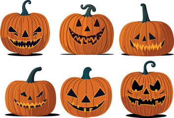 Halloween pumpkins, funny faces, scary faces, angry faces, smiling faces. Autumn holidays. Vector illustration