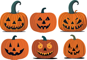 Halloween pumpkins, funny faces, scary faces, angry faces, smiling faces. Autumn holidays. Vector illustration