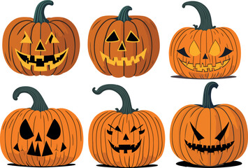 Halloween pumpkins, funny faces, scary faces, angry faces, smiling faces. Autumn holidays. Vector illustration