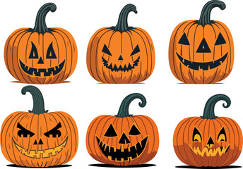 Halloween pumpkins, funny faces, scary faces, angry faces, smiling faces. Autumn holidays. Vector illustration