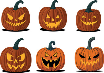 Halloween pumpkins, funny faces, scary faces, angry faces, smiling faces. Autumn holidays. Vector illustration