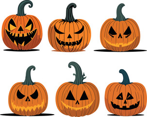 Halloween pumpkins, funny faces, scary faces, angry faces, smiling faces. Autumn holidays. Vector illustration