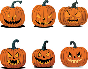 Halloween pumpkins, funny faces, scary faces, angry faces, smiling faces. Autumn holidays. Vector illustration