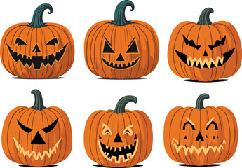 Halloween pumpkins, funny faces, scary faces, angry faces, smiling faces. Autumn holidays. Vector illustration