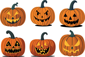 Halloween pumpkins, funny faces, scary faces, angry faces, smiling faces. Autumn holidays. Vector illustration