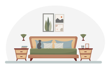 bedroom interior design, cozy home, flat style vector illustration, bed, bedside table, lamp, alarm clock, pillow 
