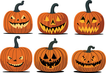 Halloween pumpkins, funny faces, scary faces, angry faces, smiling faces. Autumn holidays. Vector illustration