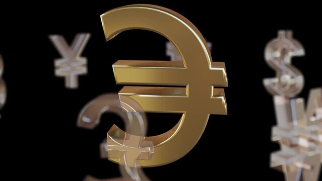 Euro sign and rotating Yen, Dollar, Bitcoin, Sterling Pound, Won, Rupee, Peseta Currencies symbols on black background.3D Illustration Video. Currency value, exchange and economy concept.