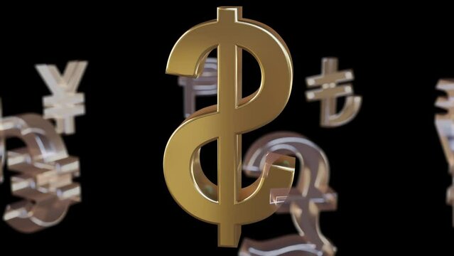 Dollar sign and rotating Yen, Pound, Bitcoin, Euro, , Won, Rupee, Peseta Currencies symbols on black background.3D Illustration Video. Currency value, exchange and economy concept.