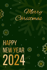 Fototapeta na wymiar 2024 New Year and Merry Christmas card or banner with snowflakes on green background