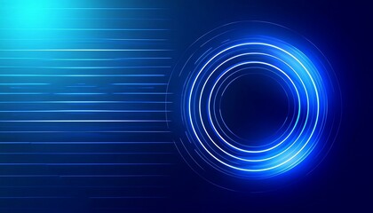 Glowing circles, geometric stripes, and modern shiny blue lines on a blue background, 3d render