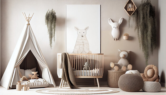 Scandinavian style cozy nursery background with mock up of a wall Ai generated image