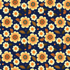 Floral seamless pattern. Yellow and white flowers and green leaves repeat  on dark blue background. Flat style. Vector illustration.