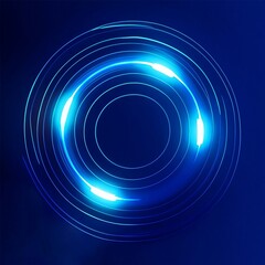 Luminous circles, geometric stripes, and shiny blue lines on a blue canvas, 3d render