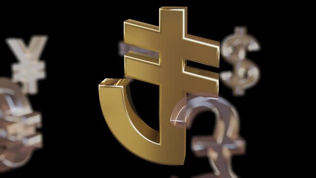 Turkish Lira TL sign and rotating Yen, Dollar, Bitcoin, Euro, , Won, Rupee, Peseta Currencies symbols on black background.3D Illustration Video. Currency value, exchange and economy concept.	
