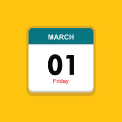 friday 01 march icon with black background, calender icon