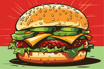Vector illustration of a burger sandwich in pop art style
