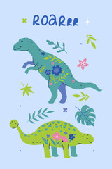 Poster with cute dinosaurs, leaves and flowers. Vector graphics.