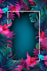 Frame mockup with Tropical leaves and flowers. Generative ai