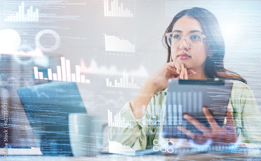 Poster woman, thinking and overlay of data analytics, tablet and laptop for research in business management