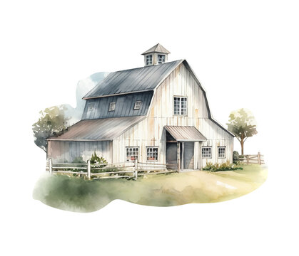 Watercolor barn clipart, village illustration. Generative AI, png image. 