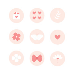 Vector set of cute highlights icons in pink color: envelope, butterfly, heart, flower.