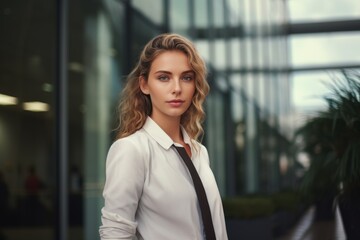 Fototapeta premium Female portrait outdoors city near modern marketing company corporate office building blonde Caucasian businesswoman lady girl woman top manager employer worker startup owner in business shirt posing