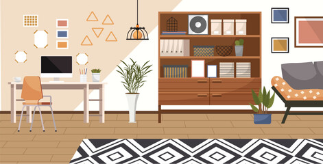 Home office. Interior vector illustration. Work from home. Office space into vibrant and creative hub Creating an inspiring workplace is crucial for focused work The room serves as a versatile