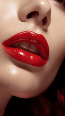 Vibrant Red Lips Close-Up, Emphasizing Beauty and Elegance