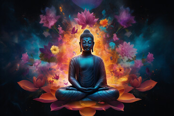 buddha in lotus position with colorful mandala painting on the black background