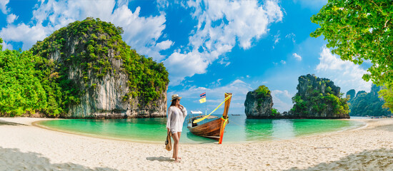 Traveler woman on vacation beach joy nature view scenic landscape Ko Hong Krabi, Attraction famous...