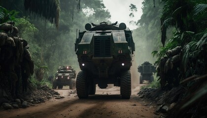 Fototapeta premium Military training on the battlefield with armored vehicles drives on forest road. Army war concept.