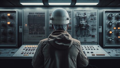 At the control operations room. Operator turning the toggle switch on the main control board. Press-tour to Chernobyl Nuclear Power Plant for mass-media. April 20, 2018. Chernobyl, Ukraine