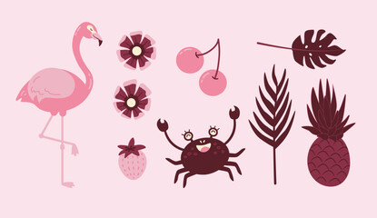 Set of vector cliparts tropical pattern, flamingo and crabs, vectro illustrations, pink design, fruits, floral, strawberry, summer icecream, cards, wallpaper