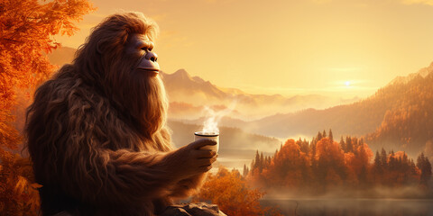 Bigfoot drinking a hot cup of coffee with scenic mountain view. Generative AI