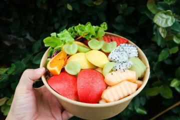 fruit and vegetable salad or apple, dragon fruit and lettuce salad