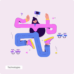 A set of conceptual vector business illustrations with a young girl who is surrounded by technology. The phone, drone and camera are in the air.