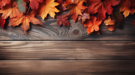 Naklejka na ściany i meble Autumn leaves on wooden background, flat lay with copy space. AI