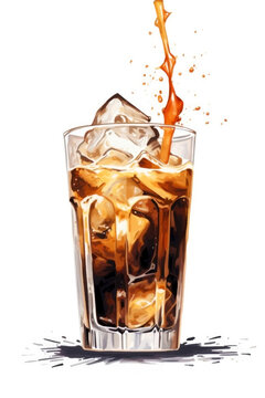 Cola with ice cubes and splash isolated on white background. Watercolor illustration. Generative AI.