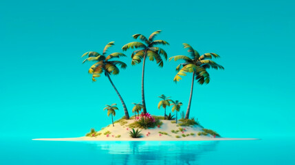 Tropical island with palm trees and flowers. 3d illustration. Generative AI.
