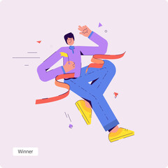 A set of conceptual vector business illustrations with a happy businessman winner. Trendy flat vector illustration of businessman crossing the finish line with flag.