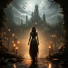 Halloween poster, Enchanting fairy-like enchantress, ancient castle, ethereal atmosphere, eerie silhouette,AI illustration, digital, virtual, generative