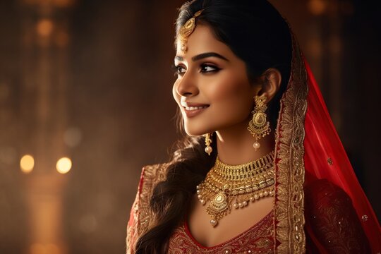 A young female of Indian ethnicity wearing traditional bridal costumes and jewellery.