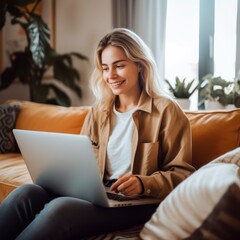 Positive woman video calling using laptop at home stock photo 