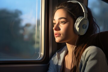 Young chilled Caucasian European girl American woman calm female relaxed lady in headphones listening to music audio song sound relaxing in train ride looking through window dreaming bus riding
