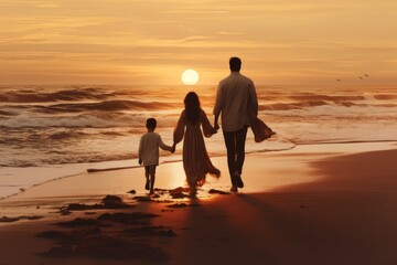 Happy family walking at the beach at sunset